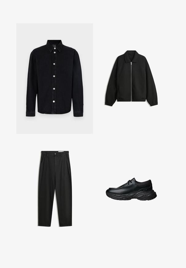 Zwarte jas van textuurstof, met een volledige rits aan de voorkant, een kraag, elastische manchetten, een ontspannen pasvorm en zijzakken.; Zwarte denim shirt met lange mouwen, button-down kraag en zilverkleurige hardware. Heeft een rechte snit en een effen textuur.; Zwarte katoenen broeken met een losse pasvorm, voorzien van een klassieke tailleband, voorplooien en zijzakken. Gladde structuur zonder patronen.; Zwarte leren instapschoenen met een ronde neus en een dikke, gestructureerde rubberen zool. Bevat subtiele stiksels en elastische accenten bij de kraag.