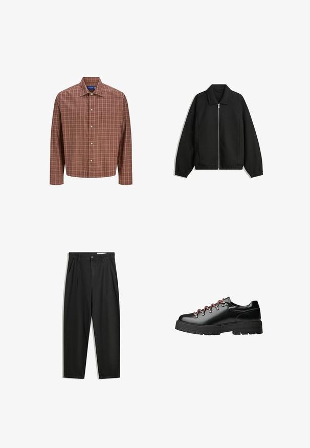 Sort jakke lavet af struktureret stof, med fuld frontlynlås, krave og elastiske mansjetter, i en afslappet pasform og sidelommer.; Rød og brun ternet skjorte med knapper, spidse kraver, lange ærmer og hvide knapper, lavet af letvægts, tekstureret stof.; Sorte bomuldsbukser med en afslappet pasform, der har en klassisk talje, frontfolder og sidelommer. Glat tekstur uden mønstre.; Sort læder vandresko med røde og hvide snørebånd, store øjer og en kraftig mellemsål for greb og stabilitet.