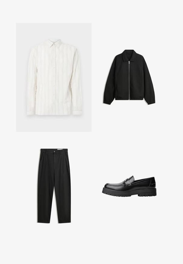 Czarna kurtka z teksturowanej tkaniny, z pełnym zamkiem z przodu, kołnierzem i elastycznymi mankietami, o luźnym kroju i kieszeniach po bokach.; Biała koszula z długim rękawem, zapinana na guziki, w pionowe jasnobrązowe paski, z klasycznym kołnierzykiem i zapięciem z przodu na guziki. Miękki, teksturowany materiał.; Czarne bawełniane spodnie o luźnym kroju, z klasycznym pasem, przednimi plisy oraz bocznymi kieszeniami. Gładka struktura, bez wzorów.; Czarne skórzane mokasyny z grubą, bieżnikowaną podeszwą i dekoracyjnym paskiem na górze, pokazane w lewym profilu na białym tle.