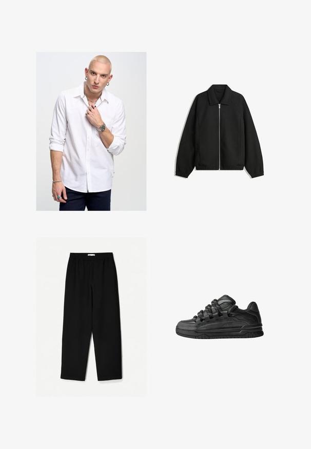 Crna jakna izrađena od teksturirane tkanine, s punim prednjim zatvaračem, ovratnikom i elastičnim manžetama, opuštenog kroja i bočnim džepovima.; Bijela košulja dugih rukava s kragnom, s crvenim naglaskom, u kombinaciji s plavim trapericama. Uokvirena nakitom i satom.; Crne hlače širokih nogavica izrađene od laganog materijala. Imaju elastičnu traku u struku i glatku teksturu. Nema vidljivih uzoraka niti hardvera.; Crne tenisice s glatkom kožnom gornjom površinom, teksturiranim detaljima i okruglim crnim i bijelim vezicama. Debeli gumeni potplat s uzorkom.