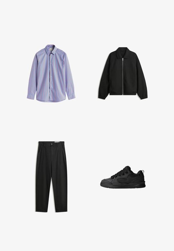 Giacca nera in tessuto texturizzato, con zip frontale a tutta lunghezza, colletto e polsini elasticizzati, dalla vestibilità rilassata e con tasche laterali.; Camicia con maniche lunghe, tessuto blu chiaro con strisce verticali rosse, colletto standard e chiusura con bottoni.; Pantaloni in cotone neri con una vestibilità rilassata, dotati di una vita classica, pieghe frontali e tasche laterali. Tessuto liscio senza fantasie.; Sneakers neri con una tomaia testurizzata, dotati di lacci, accenti in mesh per la traspirabilità, colletto imbottito e suola robusta.