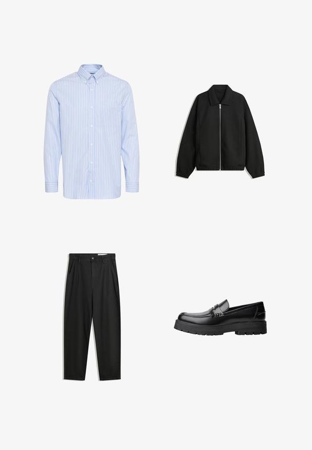 Musta takki, joka on valmistettu teksturoidusta kankaasta ja jossa on koko etuvetoketju, kaulus ja joustavat hihansuut. Takissa on rento istuvuus ja sivutaskut.; Vaaleansininen pitkähihainen napitettava paita, jossa on valkoiset pystysuorat raidat ja yksi rintatasku. Tässä paidassa on klassinen kaulus ja nappihihansuut.; Mustat puuvillahousut rentoa mallia, joissa on klassinen vyötärö, etukangastukset ja sivutaskut. Sileä pinta ilman kuvioita.; Musta nahkainen loaferi, jossa on paksu urheilupohja ja koristeellinen hihna yläpääkkeellä, esitettynä vasemman sivuprofiilin kuvassa valkoista taustaa vasten.