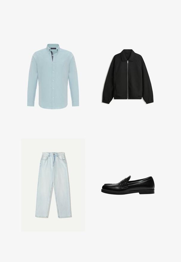 Schwarze Jacke aus strukturiertem Stoff, mit vollem Reißverschluss auf der Vorderseite, Kragen und elastischen Manschetten, im entspannten Schnitt und mit seitlichen Taschen.; Felix Hardy OXFORD SHIRT - Hemd - turquoise; Helle blaue Denim-Jeans mit lässiger Passform, geradem Beindesign, Fünf-Taschen-Stil und dezentem Verblassen des Stoffes.; Schwarze Lederloafer mit glatter Oberfläche, ausgestattet mit einer Nahtverzierung an der Vorderkappe und einer niedrigen, durchgehenden Gummisohle in Schwarz.