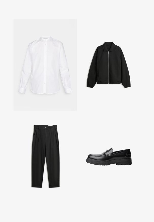 Černá bunda vyrobená z texturované látky, s plným předním zipem, límcem a elastickými manžetami, s volným střihem a bočními kapsami.; Bílá košile s dlouhým rukávem a stahovacím límečkem, s knoflíkovým zapínáním vpředu a knoflíkovými manžetami. Vyrobeno z hladké tkaniny s jasným vzhledem.; Černé bavlněné kalhoty s uvolněným střihem, klasickým pasem, předními záhyby a bočními kapsami. Hladká textura bez vzorů.; Černé kožené mokasíny s masivní podrážkou a dekoračním páskem přes horní část, zobrazené v levém bočním profilu na bílém pozadí.