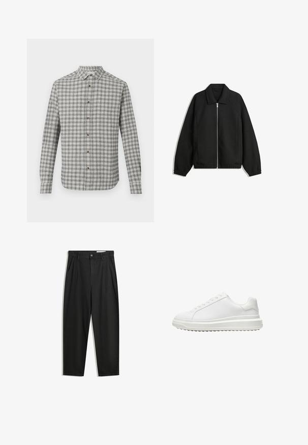 Fekete kabát texturált anyagból, teljes elöl cipzárral, gallérral és rugalmas mandzsettákkal, laza szabással és oldalsó zsebekkel.; Hosszú ujjú gombos ing fehér és fekete kockás mintával, klasszikus gallérral és barna gombokkal egy egyszínű háttérrel.; Fekete pamut nadrág laza szabással, klasszikus derékrésszel, elülső hajtásokkal és oldalsó zsebekkel. Simább textúra minta nélkül.; Fehér edzőcipő sima szintetikus felsőrész, kerek orr, lapos fűzők, texturált talp és réteges, platform dizájn a magasabb megjelenés érdekében.