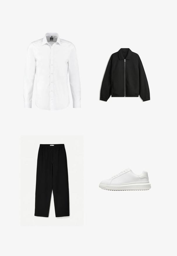 Crna jakna izrađena od teksturirane tkanine, s punim prednjim zatvaračem, ovratnikom i elastičnim manžetama, opuštenog kroja i bočnim džepovima.; Bijela košulja dugih rukava od glatkog materijala, s klasičnim ovratnikom, gumbima sprijeda i manžetama s jednim gumbom. Bez uzoraka ili naglasaka.; Crne hlače širokih nogavica izrađene od laganog materijala. Imaju elastičnu traku u struku i glatku teksturu. Nema vidljivih uzoraka niti hardvera.; Bijela tenisica s glatkim sintetičkim gornjim dijelom, okruglim vrhom, ravnim vezicama, teksturiranim potplatom i složenim, platformastim dizajnom za dodatnu visinu.