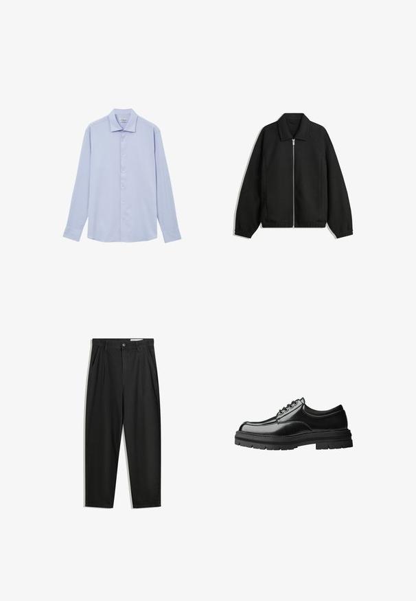 Schwarze Jacke aus strukturiertem Stoff, mit vollem Reißverschluss auf der Vorderseite, Kragen und elastischen Manschetten, im entspannten Schnitt und mit seitlichen Taschen.; Calliope CLASSIQUE UNIE - Hemd - bleu ciel; Schwarze Baumwollhose mit lockerem Schnitt, ausgestattet mit einem klassischen Bund, vorderen Falten und Seiten taschen. Glatte Textur ohne Muster.; Schwarzes Leder-Schuhwerk mit glatter Oberfläche, runder Spitze, sechslöchrigem Schnürdesign und dickem, strukturiertem Gummisohle.