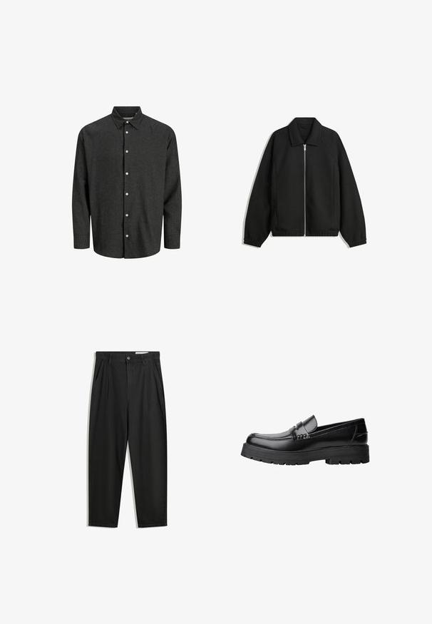 Crna jakna izrađena od teksturirane tkanine, s punim prednjim zatvaračem, ovratnikom i elastičnim manžetama, opuštenog kroja i bočnim džepovima.; Crna i siva karirana košulja dugih rukava s običnim ovratnikom i bijelim gumbima. Mekani materijal s strukturiranim krojem.; Crne pamučne hlače s opuštenim krojem, s klasičnim pojasom, prednjim nabranjima i bočnim džepovima. Glatka tekstura bez uzoraka.; Crna kožna mokasina s debelim potplatima i dekorativnom trakom preko gornjeg dijela, prikazana u lijevom bočnom profilu na bijeloj pozadini.