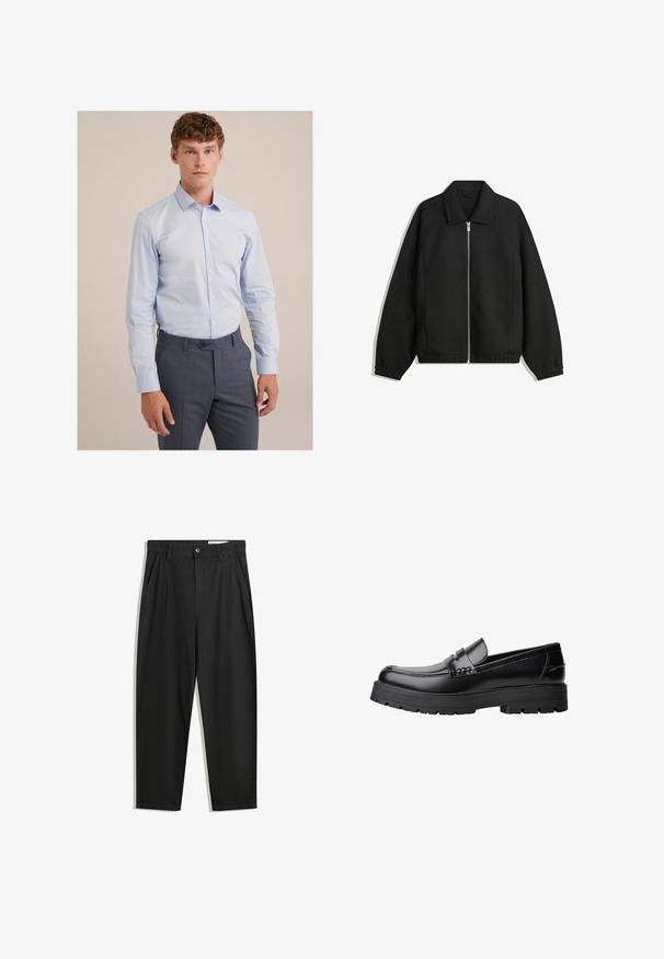 Zwarte jas van textuurstof, met een volledige rits aan de voorkant, een kraag, elastische manchetten, een ontspannen pasvorm en zijzakken.; Lichtblauw button-up shirt van gladde katoen met lange mouwen en een puntige kraag, gecombineerd met donkergrijze op maat gemaakte broek.; Zwarte katoenen broeken met een losse pasvorm, voorzien van een klassieke tailleband, voorplooien en zijzakken. Gladde structuur zonder patronen.; Zwarte leren loafer met een chunky profielzool en een decoratieve band over de bovenkant, weergegeven in het linkerzijprofiel op een witte achtergrond.