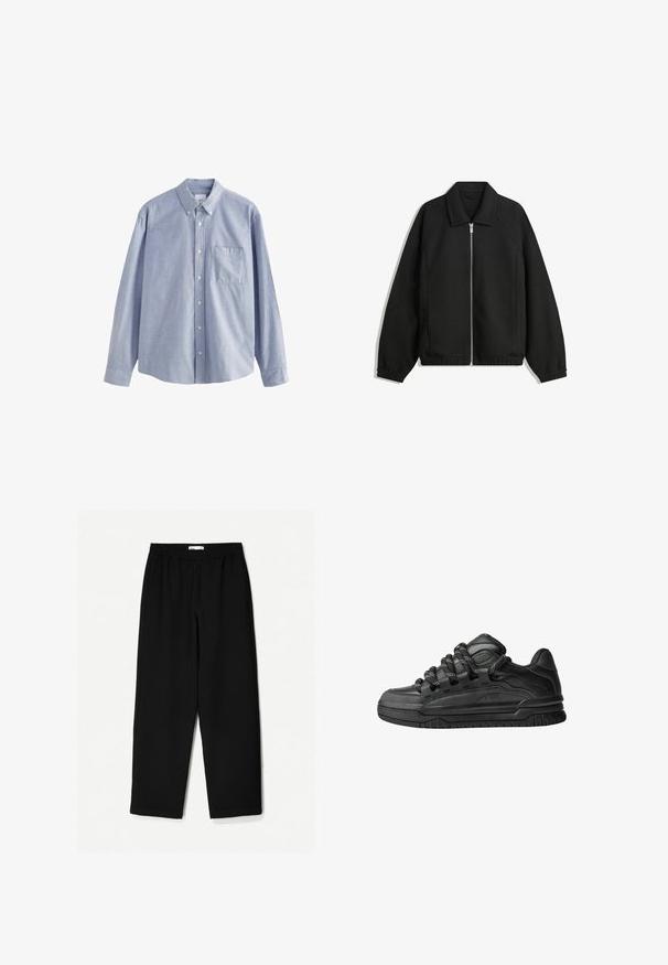 Čierna bunda vyrobená z textúrovaného materiálu, s plným predným zipsom, golierom a elastickými manžetami, so voľnejším strihom a bočnými vreckami.; Svetlomodrá košeľa s dlhým rukávom vyrobená z bavlny, so stojačikovým golierom, šiestimi gombíkmi a náprsnou vreckom s jemnou textúrou.; Čierne nohavice s širokými nohavicami vyrobené z ľahkej tkaniny. Majú elasticitu v páse a hladký povrch. Bez viditeľných vzorov alebo kovania.; Čierne tenisky s hladkým koženým zvrškom, štruktúrovanými akcentami a okrúhlymi čierno-bielymi šnúrkami. Hrubá gumená podrážka s vzorovaným dezénom.