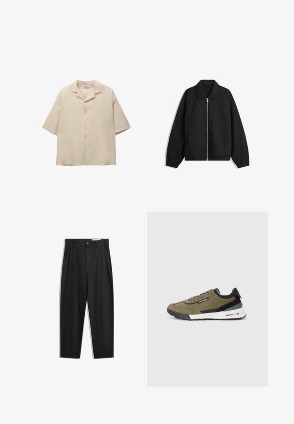 Sort jakke lavet af struktureret stof, med fuld frontlynlås, krave og elastiske mansjetter, i en afslappet pasform og sidelommer.; Lys beige skjorte med korte ærmer i et let stof, med en klippet krave og fem knapper ned foran, i en afslappet pasform.; Sorte bomuldsbukser med en afslappet pasform, der har en klassisk talje, frontfolder og sidelommer. Glat tekstur uden mønstre.; Tommy Hilfiger RETRO RUNNER MIX - Sneakers - army green