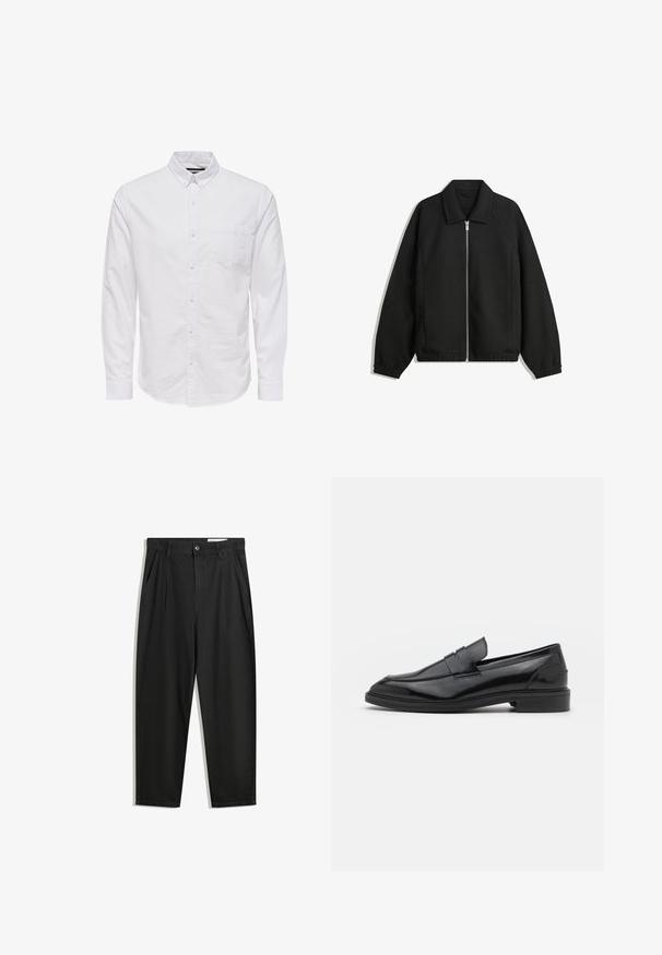 Zwarte jas van textuurstof, met een volledige rits aan de voorkant, een kraag, elastische manchetten, een ontspannen pasvorm en zijzakken.; Witte lange mouwen overhemden met knopen, gemaakt van katoen, met een kraag, knopen aan de voorkant en een enkele borstzak. Glad textuur.; Zwarte katoenen broeken met een losse pasvorm, voorzien van een klassieke tailleband, voorplooien en zijzakken. Gladde structuur zonder patronen.; Zwarte leren instappers met een gladde afwerking, voorzien van een ronde neus en een smalle band over de bovenkant. Lage gestapelde hak.