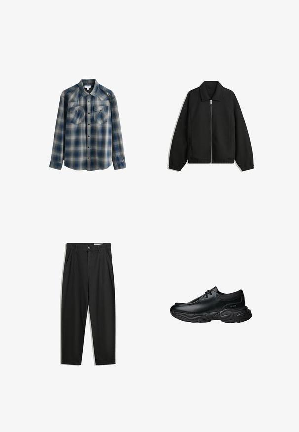 Zwarte jas van textuurstof, met een volledige rits aan de voorkant, een kraag, elastische manchetten, een ontspannen pasvorm en zijzakken.; Blauwe en grijze geruite blouse met lange mouwen, een button-down kraag, twee borstzakken en een licht vervaagde textuur. Voorzien van drukknoopsluitingen.; Zwarte katoenen broeken met een losse pasvorm, voorzien van een klassieke tailleband, voorplooien en zijzakken. Gladde structuur zonder patronen.; Zwarte leren instapschoenen met een ronde neus en een dikke, gestructureerde rubberen zool. Bevat subtiele stiksels en elastische accenten bij de kraag.