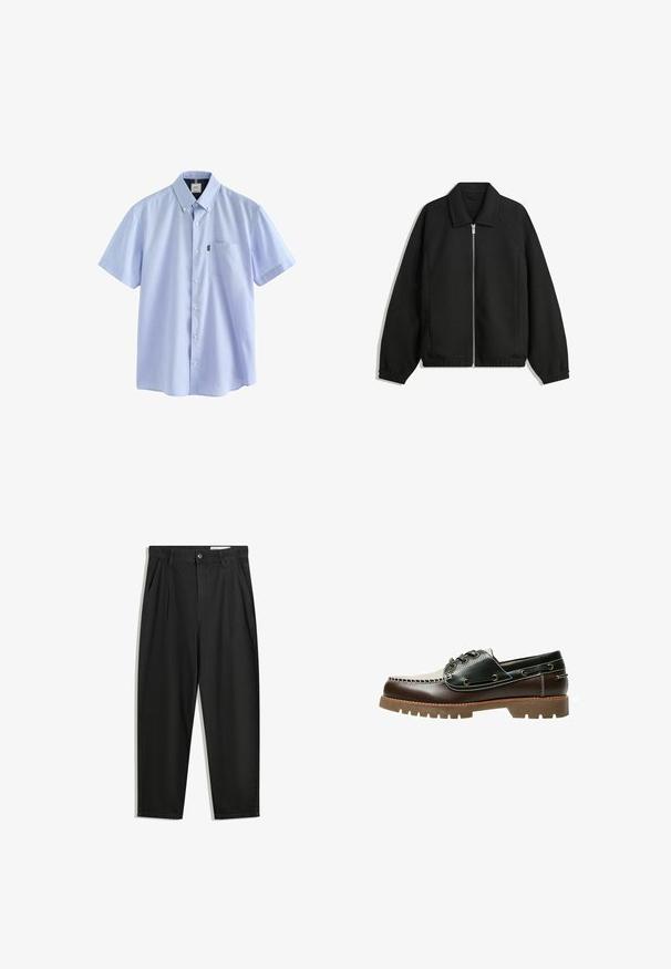 Svart jacka i strukturerad tyg, med full dragkedja framtill, krage och elastiska muddar, med en avslappnad passform och sidofickor.; Next BUTTON DOWN OXFORD SHORT SLEEVE - REGULAR FIT - Skjorta - pale blue; Svarta bomullsshorts med avslappnad passform, med en klassisk midja, framveck och sidfickor. Slät textur utan mönster.; Brun och svart lädersko i båtstil med snörning, kontrastsömmar och en texturerad gummisula. Har metalldetaljer vid hålen för snörena och en rundad tå.