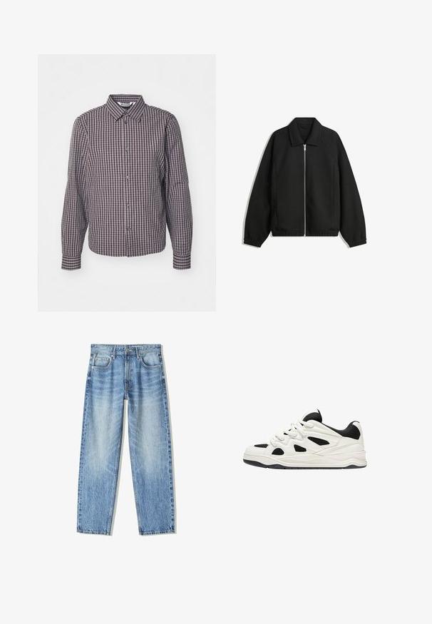 Black jacket made of textured fabric, featuring a full front zip, collar, and elastic cuffs with a relaxed fit and side pockets.; Button-up shirt with long sleeves, vertical and horizontal navy and burgundy check pattern, collared neckline, and two front buttons.; Light blue denim jeans with a loose fit, straight leg design, five pockets, and faded texture. Includes a front button and zipper closure.; White and black athletic shoes with a textured sole, featuring cut-out designs on the sides and laces, and a cushioned back for support.