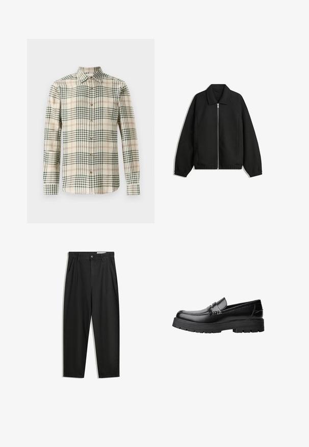 Zwarte jas van textuurstof, met een volledige rits aan de voorkant, een kraag, elastische manchetten, een ontspannen pasvorm en zijzakken.; Beige button-up overhemd met een groen en oranje geruit patroon. Heeft lange mouwen en een klassieke kraag. Gemaakt van textuurstof.; Zwarte katoenen broeken met een losse pasvorm, voorzien van een klassieke tailleband, voorplooien en zijzakken. Gladde structuur zonder patronen.; Zwarte leren loafer met een chunky profielzool en een decoratieve band over de bovenkant, weergegeven in het linkerzijprofiel op een witte achtergrond.