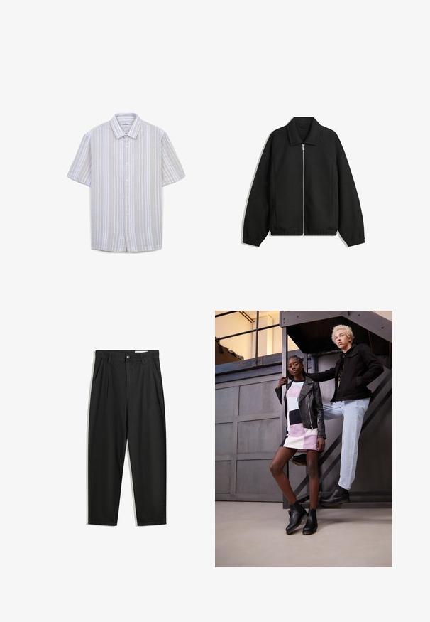 Schwarze Jacke aus strukturiertem Stoff, mit vollem Reißverschluss auf der Vorderseite, Kragen und elastischen Manschetten, im entspannten Schnitt und mit seitlichen Taschen.; Kurzarm-Hemd mit Knopfleiste in hellbeige mit weißen vertikalen Streifen, strukturierter Stoff und klassischem Kragen. Verfügt über fünf Knöpfe.; Schwarze Baumwollhose mit lockerem Schnitt, ausgestattet mit einem klassischen Bund, vorderen Falten und Seiten taschen. Glatte Textur ohne Muster.; Zwei Models posieren auf einer Metalltreppe. Eine trägt eine schwarze Lederjacke über einem gestreiften, multicolor Kleid und schwarzen Stiefeletten. Die andere trägt eine schwarze Jacke, helle Jeans und schwarze Stiefel.