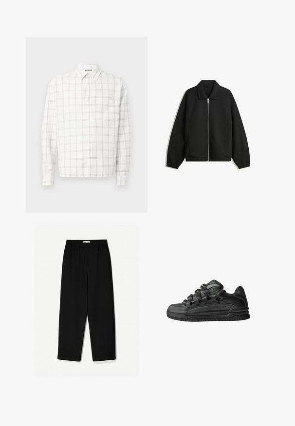 Jachetă neagră dintr-un material texturat, cu fermoar frontal complet, guler și manșete elastice, având o croială lejeră și buzunare laterale.; Cămașă cu mânecă lungă din material alb cu un model în carouri negre, având o guler ascuțit și un închidere cu nasturi pe față. Nu are buzunar vizibil.; Pantaloni negri, largi, confecționați dintr-un material ușor. Au o talie elastică și o textură netedă. Fără modele vizibile sau accesorii metalice.; Adidași negri cu o parte superioară din piele netedă, accente texturate și șireturi rotunde negre și albe. Talpă groasă din cauciuc cu un profil texturat.
