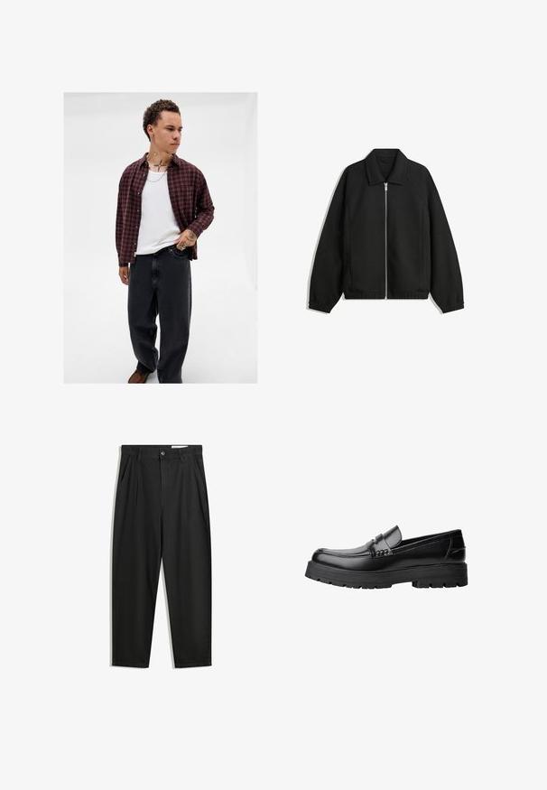 Czarna kurtka z teksturowanej tkaniny, z pełnym zamkiem z przodu, kołnierzem i elastycznymi mankietami, o luźnym kroju i kieszeniach po bokach.; Młody mężczyzna z kręconymi włosami, ubrany w czerwoną koszulę w kratę na białym podkoszulku, czarne spodnie, z widocznymi tatuażami na szyi i rękach oraz srebrnymi pierścionkami.; Czarne bawełniane spodnie o luźnym kroju, z klasycznym pasem, przednimi plisy oraz bocznymi kieszeniami. Gładka struktura, bez wzorów.; Czarne skórzane mokasyny z grubą, bieżnikowaną podeszwą i dekoracyjnym paskiem na górze, pokazane w lewym profilu na białym tle.