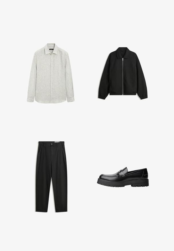Schwarze Jacke aus strukturiertem Stoff, mit vollem Reißverschluss auf der Vorderseite, Kragen und elastischen Manschetten, im entspannten Schnitt und mit seitlichen Taschen.; Gestreiftes Hemd in Hellgrau und Weiß, aus einem Baumwoll-Leinen-Mix hergestellt. Verfügt über einen klassischen Kragen und lange Ärmel mit geknöpften Manschetten.; Schwarze Baumwollhose mit lockerem Schnitt, ausgestattet mit einem klassischen Bund, vorderen Falten und Seiten taschen. Glatte Textur ohne Muster.; Schwarzer Lederloafer mit grobem, rutschfestem Sohlenprofil und dekorativem Riemen über der Oberseite, seitlich links auf weißem Hintergrund abgebildet.