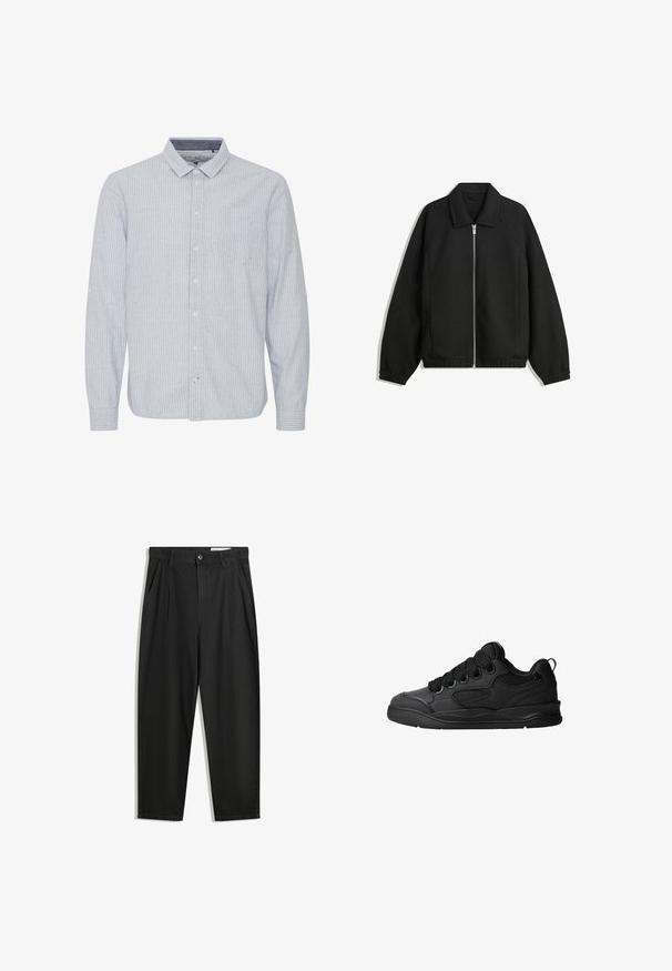 Musta takki, joka on valmistettu teksturoidusta kankaasta ja jossa on koko etuvetoketju, kaulus ja joustavat hihansuut. Takissa on rento istuvuus ja sivutaskut.; Vaaleansininen nappipaita, jossa on pystysuoria valkoisia raitoja, kauluspää, yksi rinnatasku ja mahdollisuus kääriä hihat ylös. Puuvillakangasta.; Mustat puuvillahousut rentoa mallia, joissa on klassinen vyötärö, etukangastukset ja sivutaskut. Sileä pinta ilman kuvioita.; Mustat tennarit, joissa on teksturoitu päällyspinta, nauhat, verkkokohdat hengittävyyttä varten, pehmeä kaulus ja kestävä pohja.