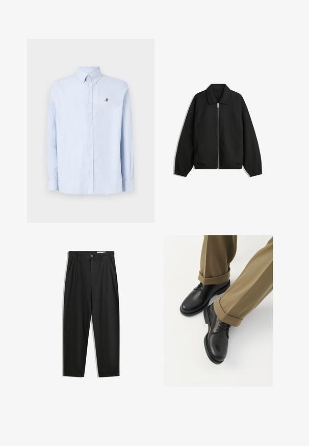Črna jakna iz teksturirane tkanine, z dvostranskim zadrgo spredaj, ovratnikom in elastičnimi manšeti, sproščenega kroja in stranskimi žepi.; Svetlo modra srajca s dolgimi rokavi, izdelana iz gladkega materiala, ima majhen vezen rožnato na levem prsnem delu.; Črne bombažne hlače s sproščenim krojem, ki vključujejo klasičen pas, sprednje gube in stranske žepke. Gladka tekstura brez vzorcev.; Črne usnjene oblečne čevlje z gladko površino, z vezalkami in okroglo toe, v kombinaciji s spuščenimi kaki hlačami.