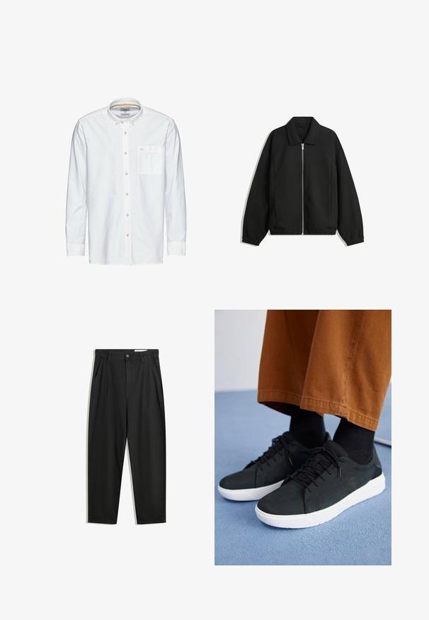 Zwarte jas van textuurstof, met een volledige rits aan de voorkant, een kraag, elastische manchetten, een ontspannen pasvorm en zijzakken.; Witte blouse met lange mouwen en knoopsluiting, enkele borstzak en lichtbeige knopen. Gemaakt van gestructureerde stof.; Zwarte katoenen broeken met een losse pasvorm, voorzien van een klassieke tailleband, voorplooien en zijzakken. Gladde structuur zonder patronen.; Zwarte suède sneakers met witte rubberen zolen, voorzien van een vetersluiting ontwerp, textuuraccenten en subtiele branding, gedragen met bruine broeken.