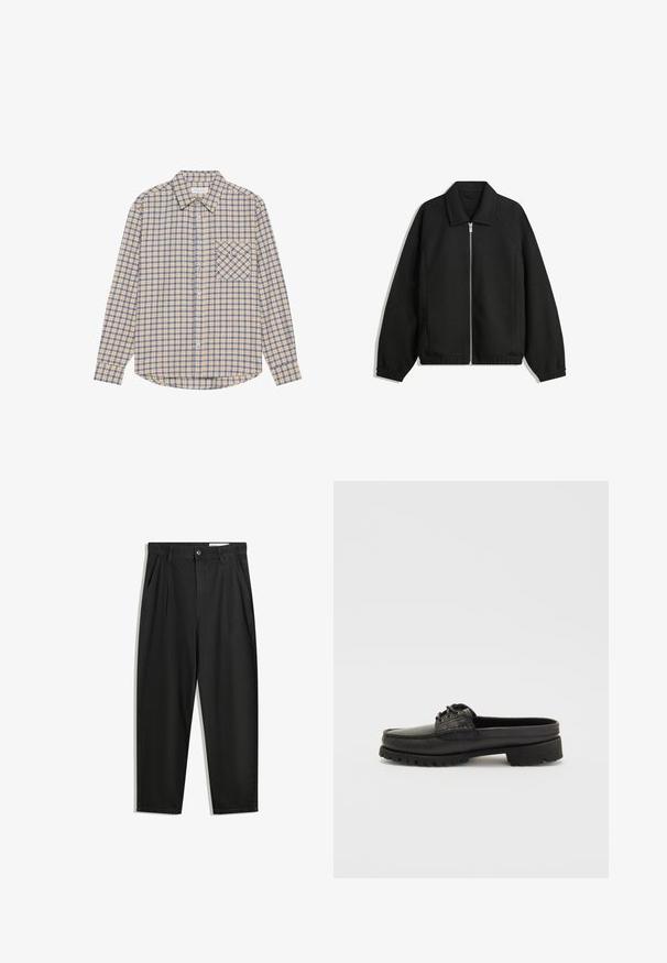 Czarna kurtka z teksturowanej tkaniny, z pełnym zamkiem z przodu, kołnierzem i elastycznymi mankietami, o luźnym kroju i kieszeniach po bokach.; Koszula w kratę z długim rękawem w beżowym kolorze z niebieskimi kwadratami, z kołnierzykiem zapinanym na guziki oraz lewym kieszonką na piersi w diagonalny wzór w kratę.; Czarne bawełniane spodnie o luźnym kroju, z klasycznym pasem, przednimi plisy oraz bocznymi kieszeniami. Gładka struktura, bez wzorów.; Czarne skórzane buty wsuwane z detalami w postaci sznurków, okrągłym noskiem i teksturowaną podeszwą. Posiadają lekko podwyższony obcas i gładkie wykończenie.