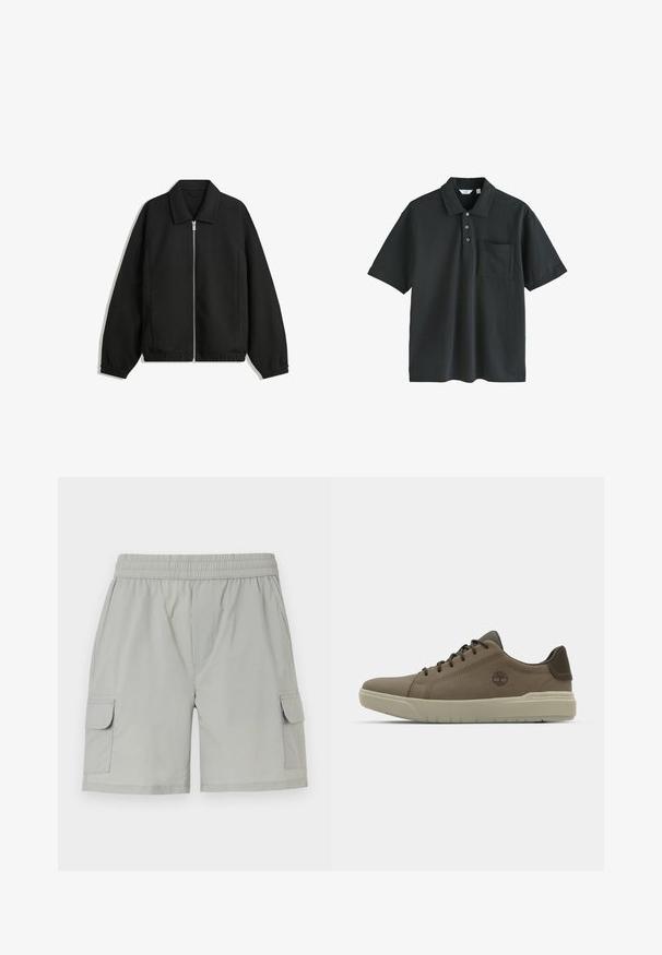 Fekete kabát texturált anyagból, teljes elöl cipzárral, gallérral és rugalmas mandzsettákkal, laza szabással és oldalsó zsebekkel.; Fekete pólóing, 100% pamutból készült, galléros nyakkal, három gombos zárással, rövid ujjakkal és mellzsebbel.; Világosszürke cargo rövidnadrág, rugalmas derékkal, két oldalsó zsebbel és két flapos cargo zsebbel a praktikum érdekében.; Barna bőr sneakers alacsony profilú, gumitalppal és zöld kiegészítőkkel; oldalt logóval és textúrázott panelek a tapadás érdekében.