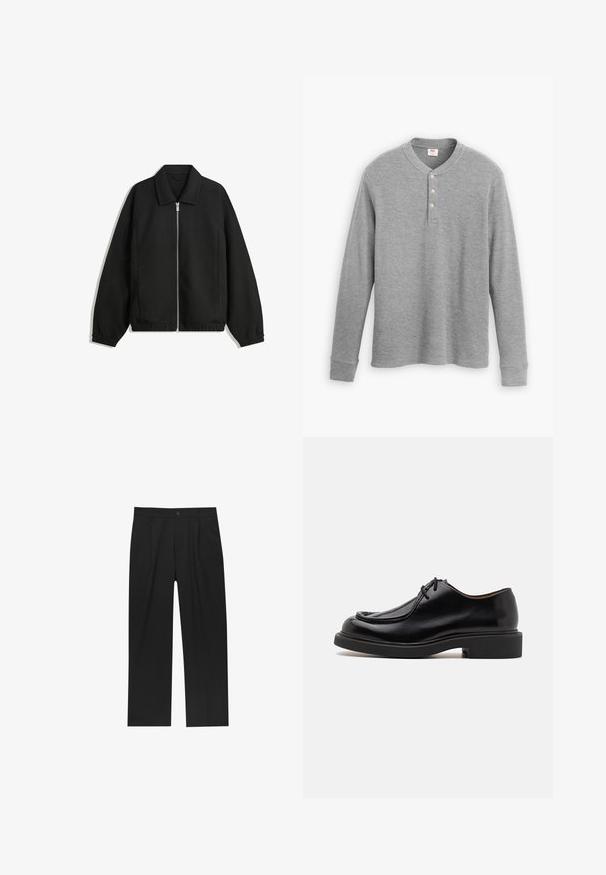 Giacca nera in tessuto texturizzato, con zip frontale a tutta lunghezza, colletto e polsini elasticizzati, dalla vestibilità rilassata e con tasche laterali.; Maglietta henley grigia a maniche lunghe in tessuto a coste, con una patta a tre bottoni e uno scollo rotondo, con una forma leggermente aderente.; Pantaloni neri con un design a gamba dritta, realizzati in un tessuto liscio. Presentano pieghe frontali e una chiusura a un bottone in vita.; Scarpe in pelle nera con punta tonda, dettagli cuciti, lacci minimi e suola spessa in gomma per trazione e durata.