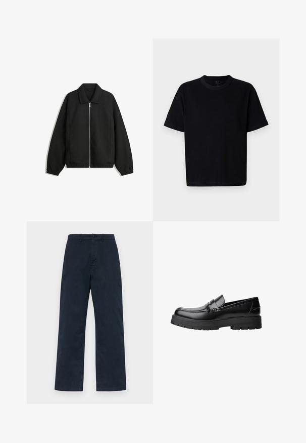 Fekete kabát texturált anyagból, teljes elöl cipzárral, gallérral és rugalmas mandzsettákkal, laza szabással és oldalsó zsebekkel.; Fekete pamut póló, kerek nyakkivágással, rövid ujjakkal és egyenes szabással. Minimalista varrással és puha, sima textúrával rendelkezik.; Tengerészkék pamut nadrág, egyenes szárú kivitelben, elöl gombos záródással és övhurkokkal. Egyszerű, egyszínű textúra, minta nélkül.; Fekete bőr loaferek vastag, bordázott talppal és díszcsíkkal az upper rész felett, bal oldali profilmódban, fehér háttér előtt.