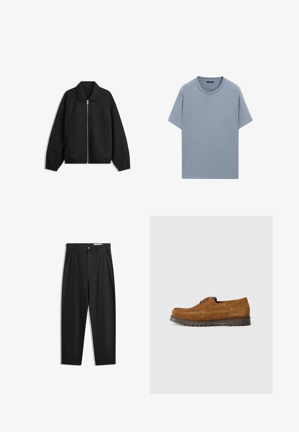 Black jacket made of textured fabric, featuring a full front zip, collar, and elastic cuffs with a relaxed fit and side pockets.; Light blue cotton t-shirt with a round neckline, short sleeves, and a relaxed fit; smooth texture with no visible patterns or accents.; Black cotton trousers with a relaxed fit, featuring a classic waistband, front pleats, and side pockets. Smooth texture without patterns.; Brown suede lace-up shoe with thick black treaded sole, visible stitching, and classic moccasin design on white background.