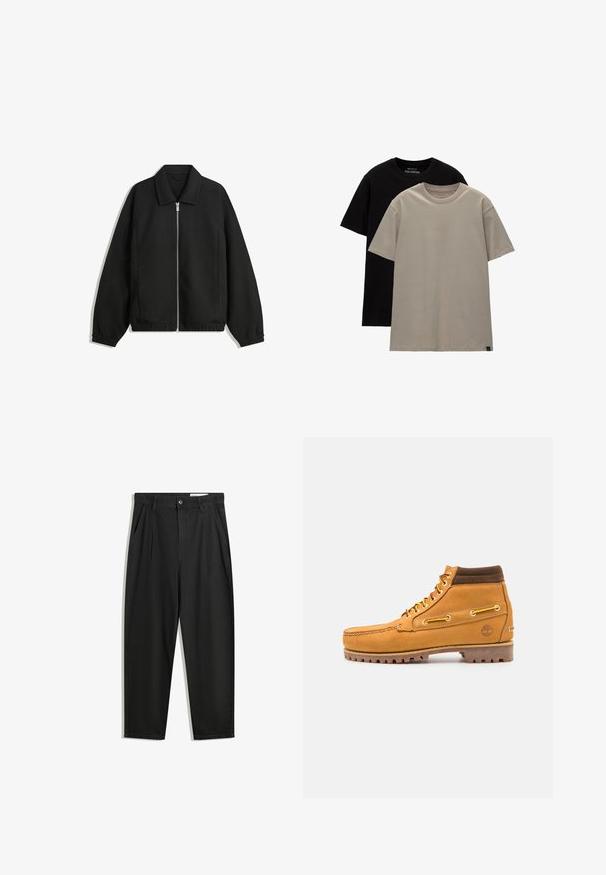 Czarna kurtka z teksturowanej tkaniny, z pełnym zamkiem z przodu, kołnierzem i elastycznymi mankietami, o luźnym kroju i kieszeniach po bokach.; Zestaw dwóch koszulek; jedna czarna, druga jasnobeżowa. Klasyczny krój z okrągłym dekoltem, wykonane z miękkiej bawełny. Prosty design, bez wzorów.; Czarne bawełniane spodnie o luźnym kroju, z klasycznym pasem, przednimi plisy oraz bocznymi kieszeniami. Gładka struktura, bez wzorów.; Timberland AUTHENTIC 7 EYE beżowy