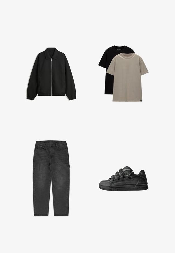 Črna jakna iz teksturirane tkanine, z dvostranskim zadrgo spredaj, ovratnikom in elastičnimi manšeti, sproščenega kroja in stranskimi žepi.; Komplet dveh majic; ena črna, ena svetlo bež. Že standardne prileganja z okroglimi izrezi, narejene iz mehkega bombažnega materiala. Enostavna zasnova, brez vzorcev.; Črne denim cargo hlače z sproščenim krojem, vidnimi šivi, sprednjimi in stranskimi žepi ter zanke na stegnu za dodatno uporabnost.; Črne superge z gladkim usnjenim zgornjim delom, teksturiranimi detajli in okroglimi črnimi ter belimi vezalkami. Debel gumijast podplat z vzorčastim profilom.