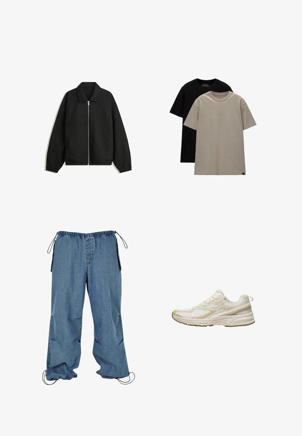 Črna jakna iz teksturirane tkanine, z dvostranskim zadrgo spredaj, ovratnikom in elastičnimi manšeti, sproščenega kroja in stranskimi žepi.; Komplet dveh majic; ena črna, ena svetlo bež. Že standardne prileganja z okroglimi izrezi, narejene iz mehkega bombažnega materiala. Enostavna zasnova, brez vzorcev.; Svetlo modri jeans hlače z elastičnim pasom, zapenjalnimi manšetami in stranskimi žepe. Tkanina se zdi mehka z malce zbledelim videzom.; Bele športne čevlje iz mrežastega in sintetičnega materiala, z zaobljenim prstom, oblazinjeno podplatom in bež poudarki na straneh.