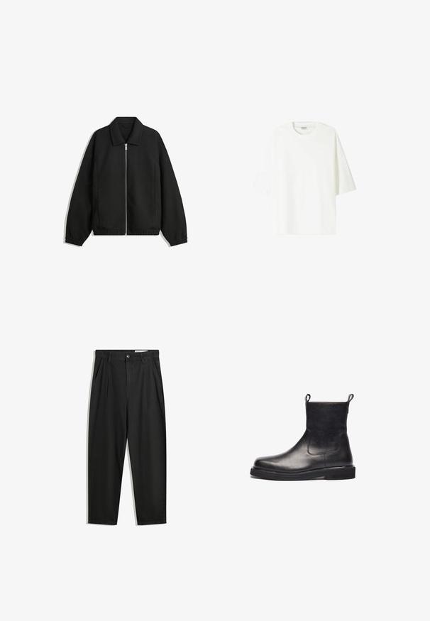 Musta takki, joka on valmistettu teksturoidusta kankaasta ja jossa on koko etuvetoketju, kaulus ja joustavat hihansuut. Takissa on rento istuvuus ja sivutaskut.; Valkoinen lyhythihainen T-paita, joka on valmistettu puuvillasta. Paita on pyöreäkauluksinen ja siinä on rento istuvuus sekä suora helma.; Mustat puuvillahousut rentoa mallia, joissa on klassinen vyötärö, etukangastukset ja sivutaskut. Sileä pinta ilman kuvioita.; Mustat nahkaiset nilkkurit, joissa on sileä pinta, joustavat sivupaneelit ja vetonauhat. Kengissä on pyöristetty kärki ja tasainen kumipohja.