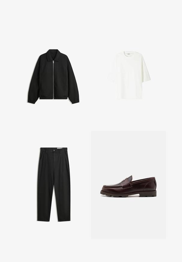 Black jacket made of textured fabric, featuring a full front zip, collar, and elastic cuffs with a relaxed fit and side pockets.; White short-sleeve t-shirt made of cotton, featuring a crew neckline and a relaxed fit with straight hemline.; Black cotton trousers with a relaxed fit, featuring a classic waistband, front pleats, and side pockets. Smooth texture without patterns.; Brown leather loafer with a moccasin-style upper, textured stitch detailing, and a rugged sole featuring multi-directional treads.