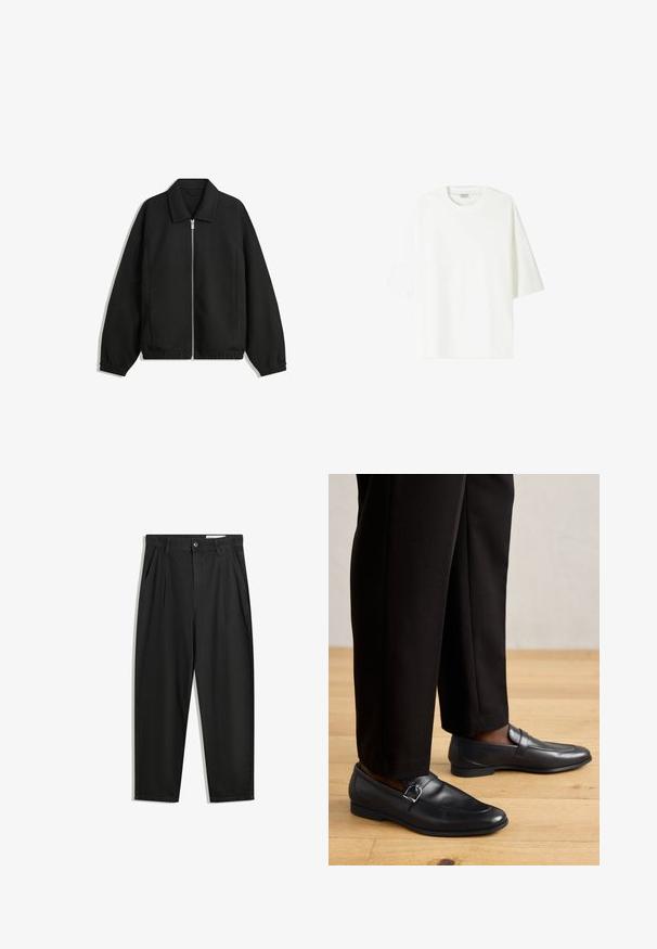 Svart jacka i strukturerad tyg, med full dragkedja framtill, krage och elastiska muddar, med en avslappnad passform och sidofickor.; Vit t-shirt med kort ärm av bomull, med rund halsringning och en avslappnad passform med rak fåll.; Svarta bomullsshorts med avslappnad passform, med en klassisk midja, framveck och sidfickor. Slät textur utan mönster.; Svart läderloafer med en slät yta, med en dekorativ spänne, i kombination med skräddarsydda svarta byxor mot ett trägolv.