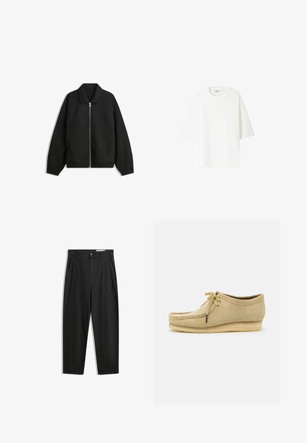 Čierna bunda vyrobená z textúrovaného materiálu, s plným predným zipsom, golierom a elastickými manžetami, so voľnejším strihom a bočnými vreckami.; Biele tričko s krátkym rukávom vyrobené z bavlny, s okrúhlym výstrihom a voľným strihom s rovnou spodnou lemovaním.; Čierne bavlnené nohavice s voľným strihom, s klasickým pásom, prednými záhybmi a bočnými vreckami. Hladká textúra bez vzorov.; Bežové semišové topánky s dizajnom na šnurovanie, prešívaním a gumovou podrážkou. Tvar je neformálny s mierne vyvýšeným opätkom.