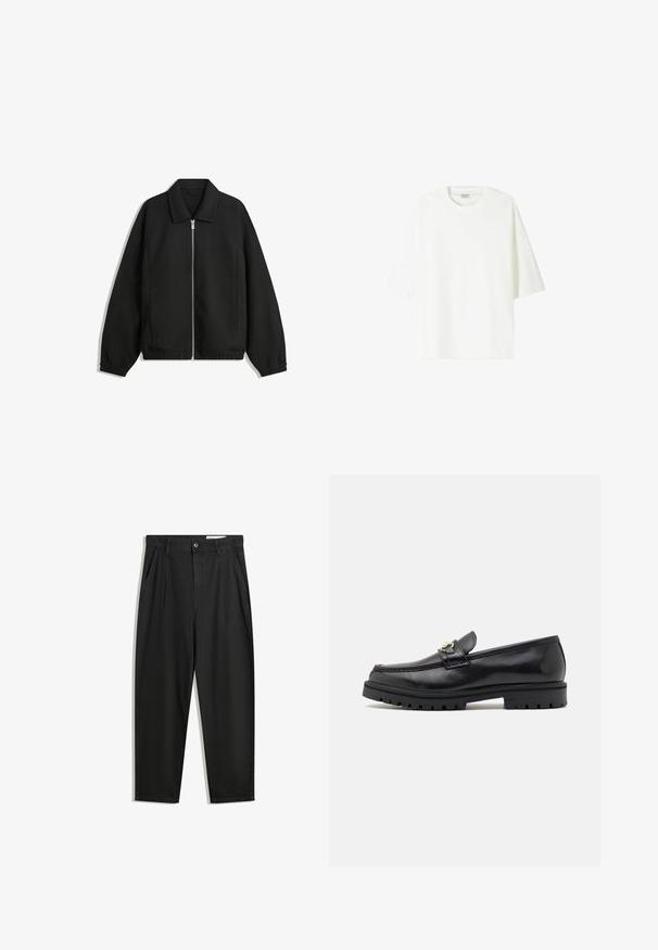 Czarna kurtka z teksturowanej tkaniny, z pełnym zamkiem z przodu, kołnierzem i elastycznymi mankietami, o luźnym kroju i kieszeniach po bokach.; Biała koszulka z krótkim rękawem wykonana z bawełny, z okrągłym dekoltem i luźnym krojem oraz prostym wykończeniem hemu.; Czarne bawełniane spodnie o luźnym kroju, z klasycznym pasem, przednimi plisy oraz bocznymi kieszeniami. Gładka struktura, bez wzorów.; Czarne skórzane mokasyny o gładkim wykończeniu, okrągłym nosku, dekoracyjnym pasku z złotym wykończeniem oraz solidnej czarnej podeszwie.
