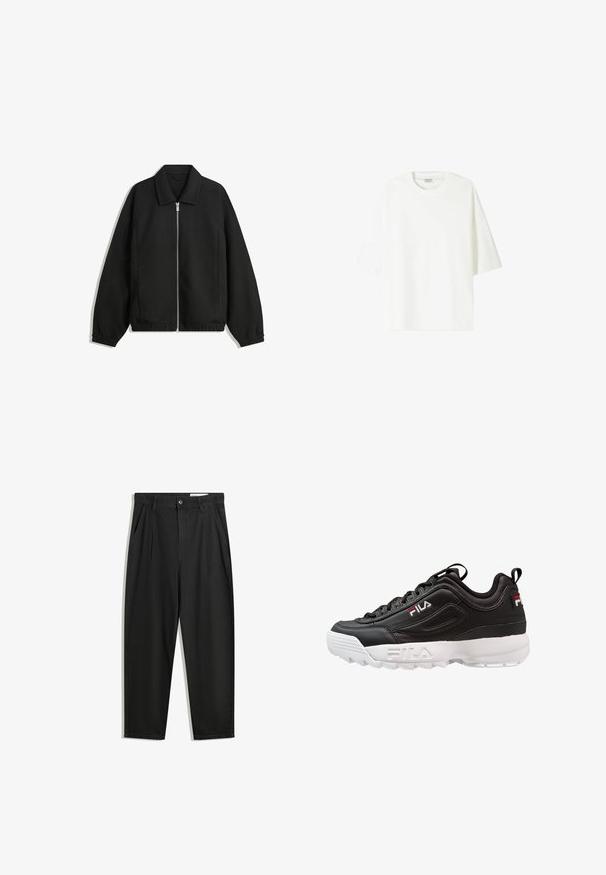 Schwarze Jacke aus strukturiertem Stoff, mit vollem Reißverschluss auf der Vorderseite, Kragen und elastischen Manschetten, im entspannten Schnitt und mit seitlichen Taschen.; Weißes T-Shirt mit kurzen Ärmeln aus Baumwolle, mit Rundhalsausschnitt und lockerem Schnitt sowie geradem Saum.; Schwarze Baumwollhose mit lockerem Schnitt, ausgestattet mit einem klassischen Bund, vorderen Falten und Seiten taschen. Glatte Textur ohne Muster.; Schwarzer Sneaker aus synthetischem Material mit gepolstertem Kragen, weißer Sohle, strukturierten Akzenten und Fila-Logo an der Seite.