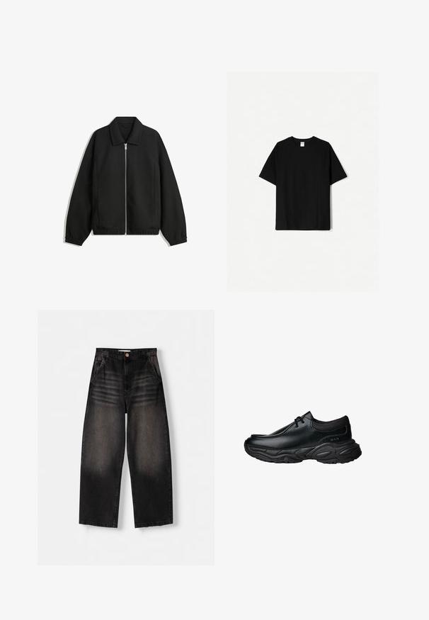 Black jacket made of textured fabric, featuring a full front zip, collar, and elastic cuffs with a relaxed fit and side pockets.; Black cotton t-shirt with short sleeves, a round neckline, and a relaxed fit. Features a plain design without patterns or accents.; Black denim wide-leg jeans with a faded design, featuring five pockets, a button closure, and subtle whiskering details on the front.; Black leather slip-on shoes with a rounded toe and thick textured rubber sole. Features subtle stitching and elastic accents at the collar.