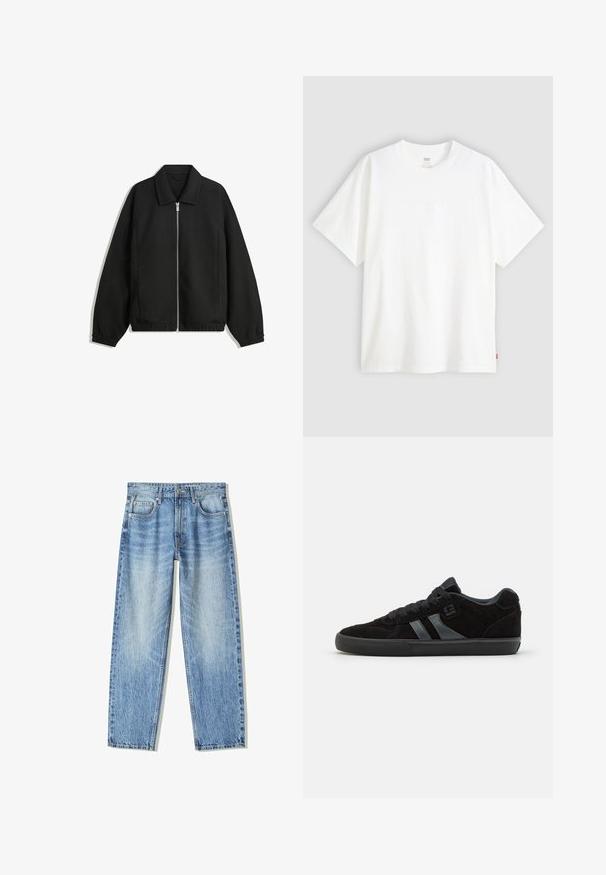 Veste noire en tissu texturé, dotée d'une fermeture éclair sur toute la longueur, d'un col et de poignets élastiques avec une coupe décontractée et des poches latérales.; T-shirt blanc à manches courtes en coton avec col rond. Présente un détail de logo en relief discret à l'avant et une étiquette rouge à l'ourlet.; Jeans en denim bleu clair avec une coupe lâche, un design à jambe droite, cinq poches et une texture délavée. Comprend une fermeture à bouton et à glissière à l'avant.; Baskets de skateboard en daim noir avec semelles en caoutchouc foncé, dotées de bandes latérales grises et de lacets assortis, conçues pour le confort et la durabilité.