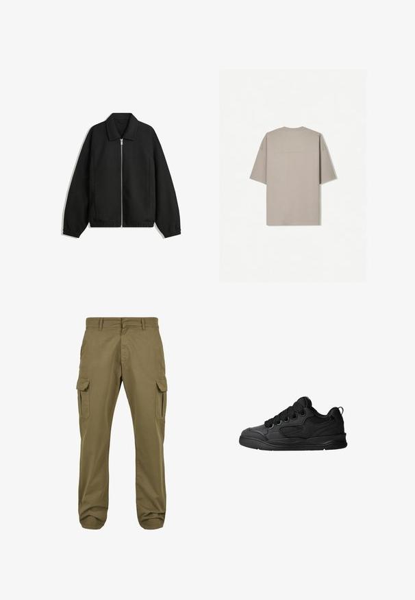 Schwarze Jacke aus strukturiertem Stoff, mit vollem Reißverschluss auf der Vorderseite, Kragen und elastischen Manschetten, im entspannten Schnitt und mit seitlichen Taschen.; Kurzarm-T-Shirt aus leichtem beigen Baumwollstoff, mit Rundhalsausschnitt und minimalistischer Gestaltung ohne sichtbare Muster oder Akzente.; Grüne Cargo-Hosen mit geradem Schnitt, aus Baumwolle, seitlichen Taschen und Knopfverschluss für Funktionalität. Glatte Textur, lässiges Design.; Schwarze Sneaker mit strukturiertem Obermaterial, ausgestattet mit Schnürsenkeln, Mesh-Akzenten für Atmungsaktivität, gepolstertem Kragen und einer stabilen Laufsohle.