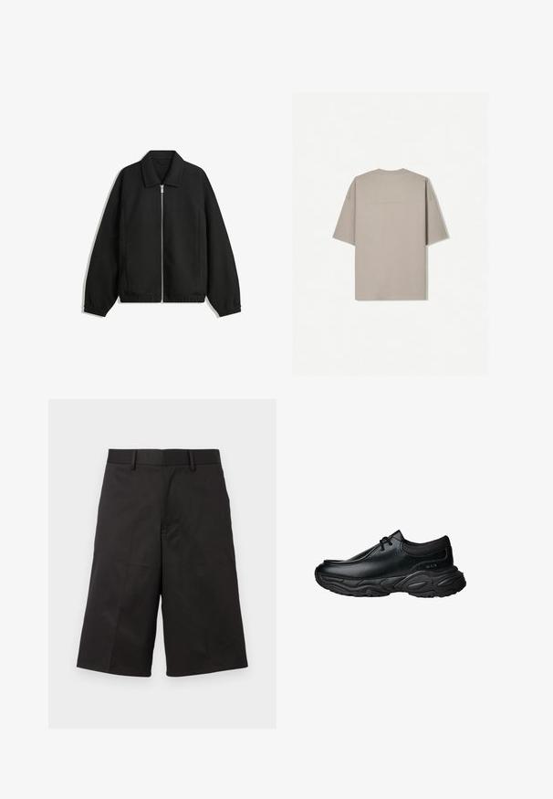Čierna bunda vyrobená z textúrovaného materiálu, s plným predným zipsom, golierom a elastickými manžetami, so voľnejším strihom a bočnými vreckami.; Tričko s krátkym rukávom v svetlobéžovej farbe z bavlny, s okrúhlym výstrihom a minimalistickým dizajnom bez viditeľných vzorov alebo akcentov.; Čierne šortky s rafinovaným dizajnom, vyrobené z hladkej tkaniny, s plochým predným dielom, pútkami na opasok a rovnými skrátenými nohavicami.; Čierne kožené slip-on topánky s okrúhlou špičkou a hrubou štruktúrovanou gumovou podrážkou. Obsahujú jemné prešitie a elastické akcenty v oblasti goliera.