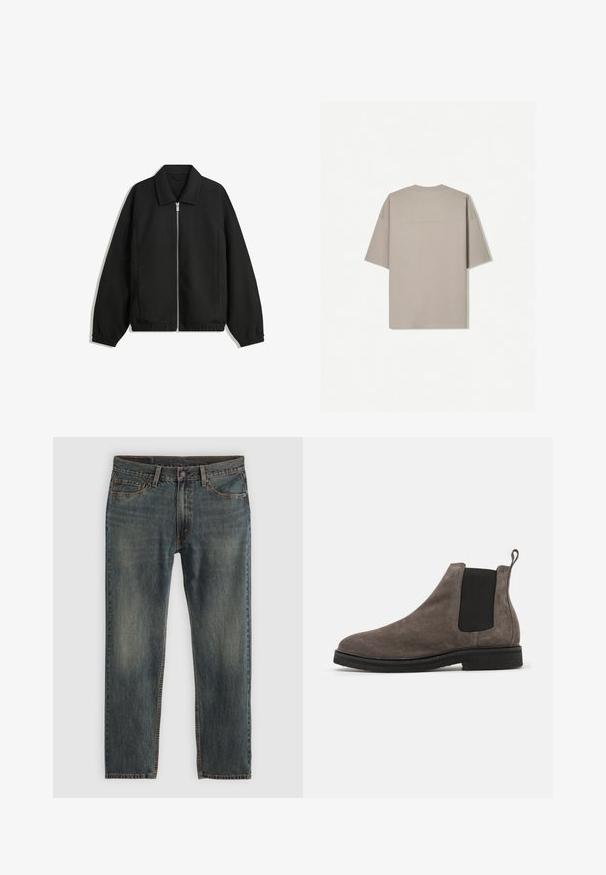 Čierna bunda vyrobená z textúrovaného materiálu, s plným predným zipsom, golierom a elastickými manžetami, so voľnejším strihom a bočnými vreckami.; Tričko s krátkym rukávom v svetlobéžovej farbe z bavlny, s okrúhlym výstrihom a minimalistickým dizajnom bez viditeľných vzorov alebo akcentov.; Modré denimové nohavice s rovnými nohavicami, ktoré majú klasický päť vreckový dizajn, ozdobné švy a mierne vybledlý vzhľad.; Šedé semišové Chelsea čižmy s elastickými bočnými panelmi, zaoblenou špičkou a pútkom na obúvanie. Plochá čierna gumová podrážka. Jednoduchý a elegantný dizajn.