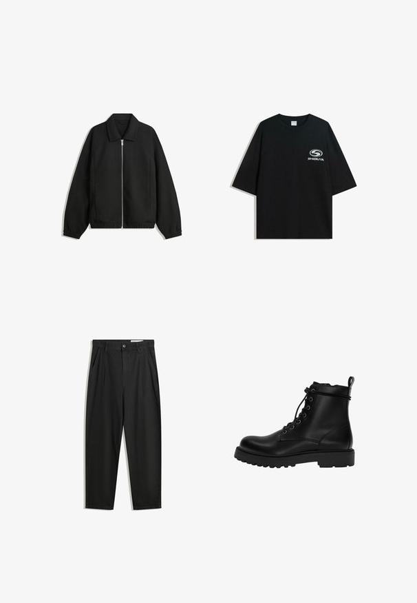 Fekete kabát texturált anyagból, teljes elöl cipzárral, gallérral és rugalmas mandzsettákkal, laza szabással és oldalsó zsebekkel.; Fekete, oversized pamut póló kerek nyakkal és rövid ujjakkal, az elején fehér "Shibuya" logóval.; Fekete pamut nadrág laza szabással, klasszikus derékrésszel, elülső hajtásokkal és oldalsó zsebekkel. Simább textúra minta nélkül.; Fekete bőrcipő, fűzős boka csizmával, vastag, strapabíró talppal és húzófüllel a hátulján.