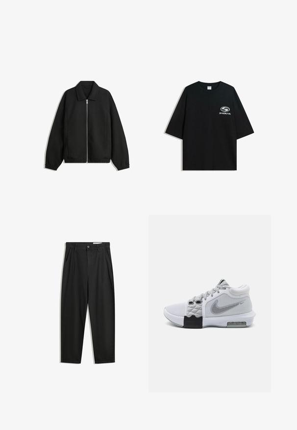 Musta takki, joka on valmistettu teksturoidusta kankaasta ja jossa on koko etuvetoketju, kaulus ja joustavat hihansuut. Takissa on rento istuvuus ja sivutaskut.; Mustat ylipitkät puuvillapaidat, joissa on pyöreä kaula-aukko ja lyhyet hihat, etuosassa valkoinen "Shibuya" -logo.; Mustat puuvillahousut rentoa mallia, joissa on klassinen vyötärö, etukangastukset ja sivutaskut. Sileä pinta ilman kuvioita.; Harmaa ja valkoinen urheilukenkä, jossa verkkopäällinen, tikattu pinta, musta kumipohja ja näkyvä ilmatyyny kantapäässä.