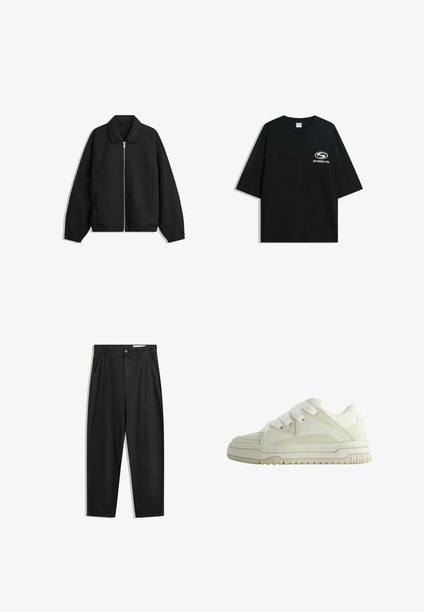 Fekete kabát texturált anyagból, teljes elöl cipzárral, gallérral és rugalmas mandzsettákkal, laza szabással és oldalsó zsebekkel.; Fekete, oversized pamut póló kerek nyakkal és rövid ujjakkal, az elején fehér "Shibuya" logóval.; Fekete pamut nadrág laza szabással, klasszikus derékrésszel, elülső hajtásokkal és oldalsó zsebekkel. Simább textúra minta nélkül.; Fehér sportcipő sima bőr felsőrésszel, texturált részletekkel, vastag talppal és lapos fűzőkkel. Kerek orrú és párnázott bokarésszel rendelkezik.