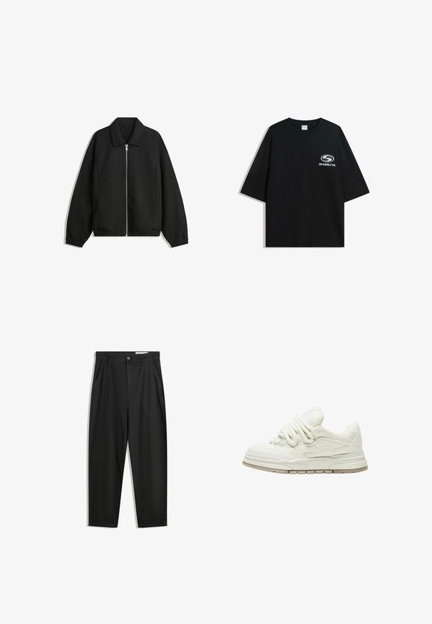 Jachetă neagră dintr-un material texturat, cu fermoar frontal complet, guler și manșete elastice, având o croială lejeră și buzunare laterale.; Tricou XXL din bumbac negru, cu guler rotund și mâneci scurte, având un logo alb "Shibuya" imprimat pe față.; Pantaloni negri din bumbac cu croială lejeră, având un brâu clasic, plii frontale și buzunare laterale. Textură netedă fără modele.; Tenis alb cu o suprafață texturată și șireturi proeminente. Dispune de o talpă groasă, stratificată și accente de design subtile pe părți.